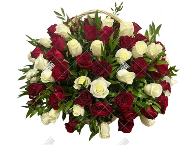 Корзина из живых роз красно-белая 50 цветов